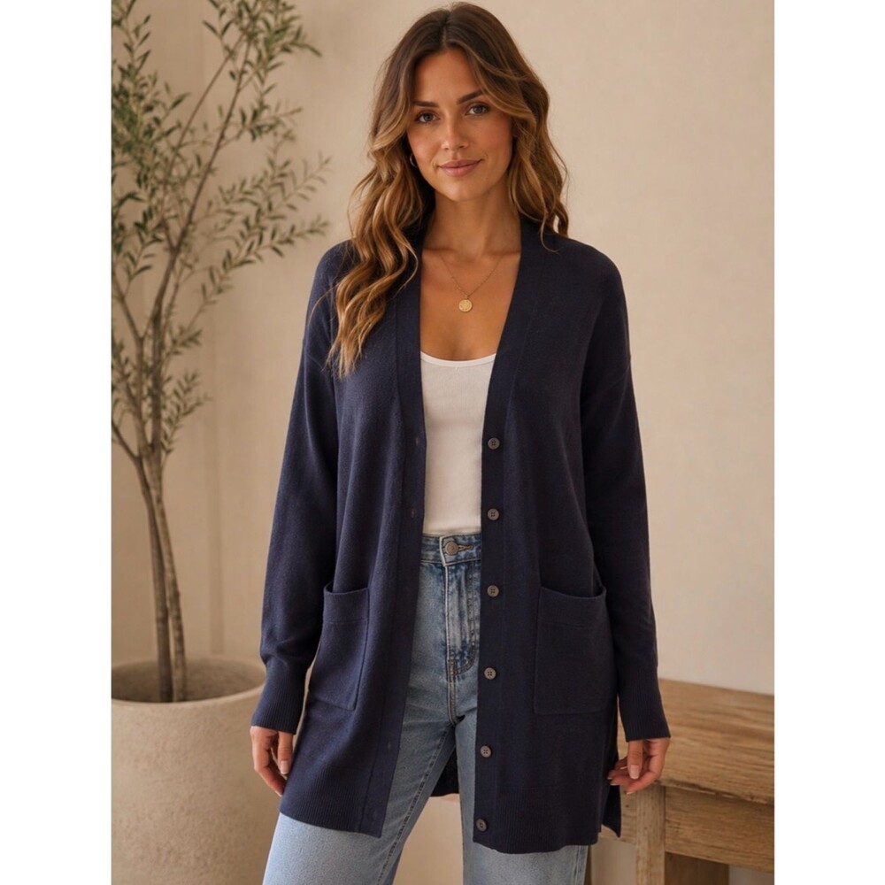 Bella Ella Merino Wool Blend Navy Button Front Cardigan Sweater Small